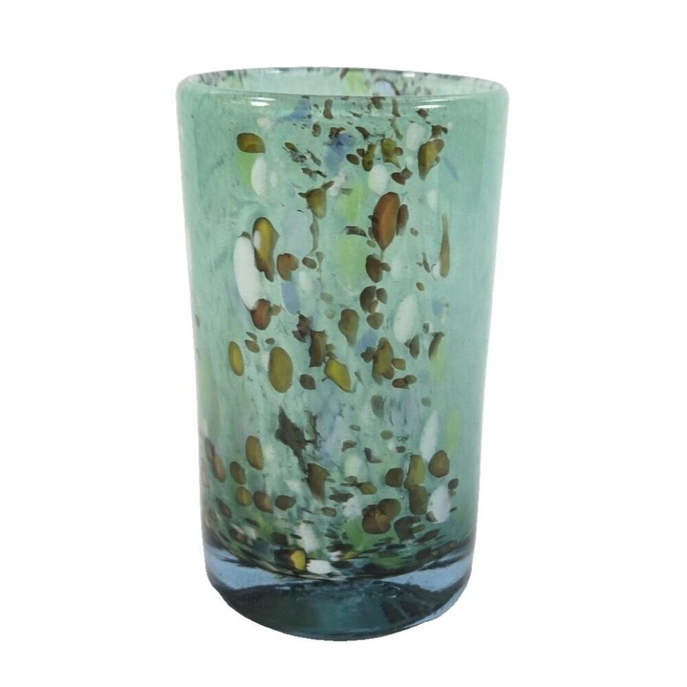 Confetti Art Glass Candle Holder Signed Light Teal Green Browns Heavy
